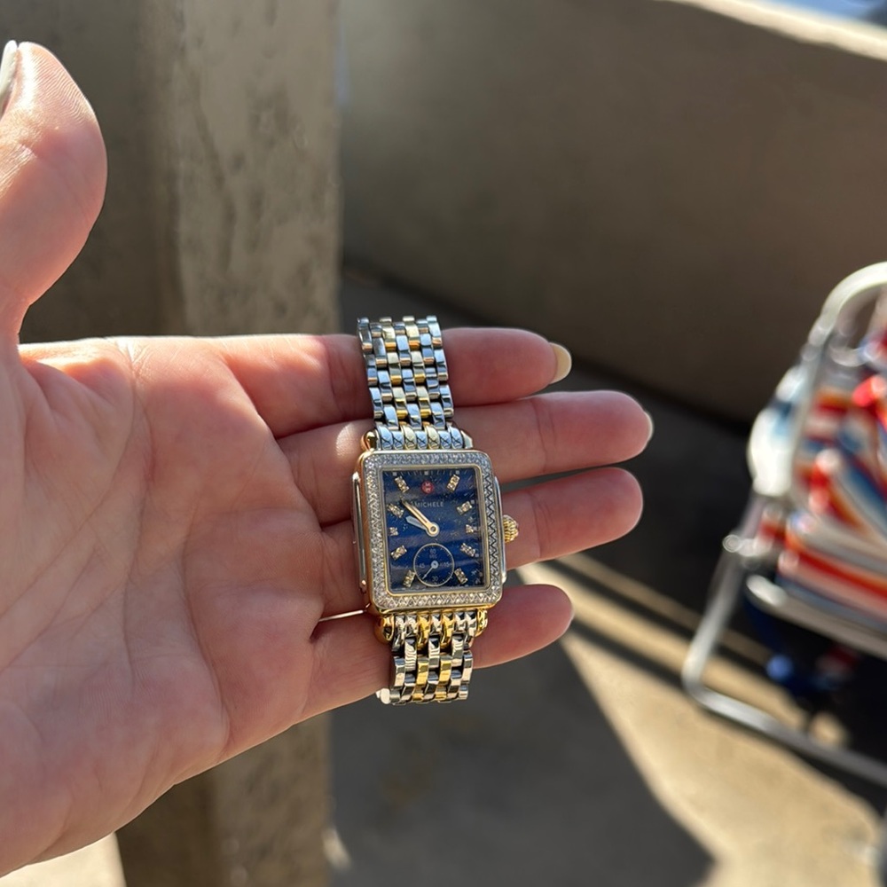 Michele Two-Tone Bracelet Watch with Blue Dial and Diamond Bezel.Used few times